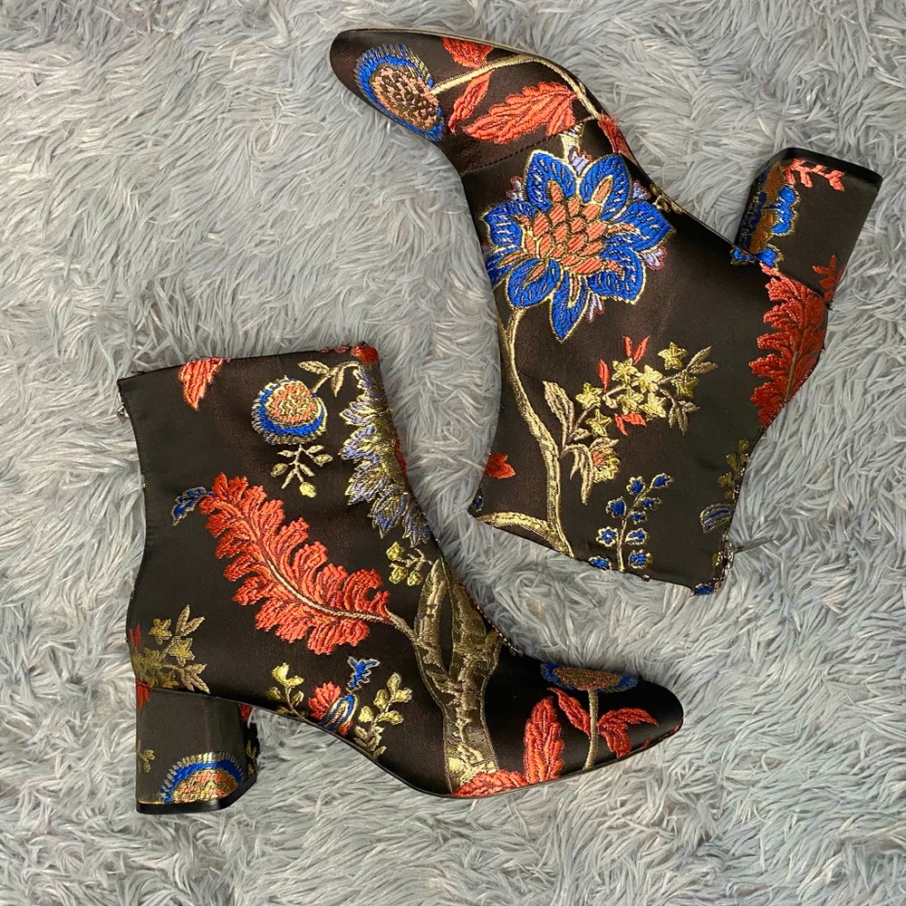 ZARA Floral Embroidered Satin Jacquard Ankle Booties Boots US Size 8.5